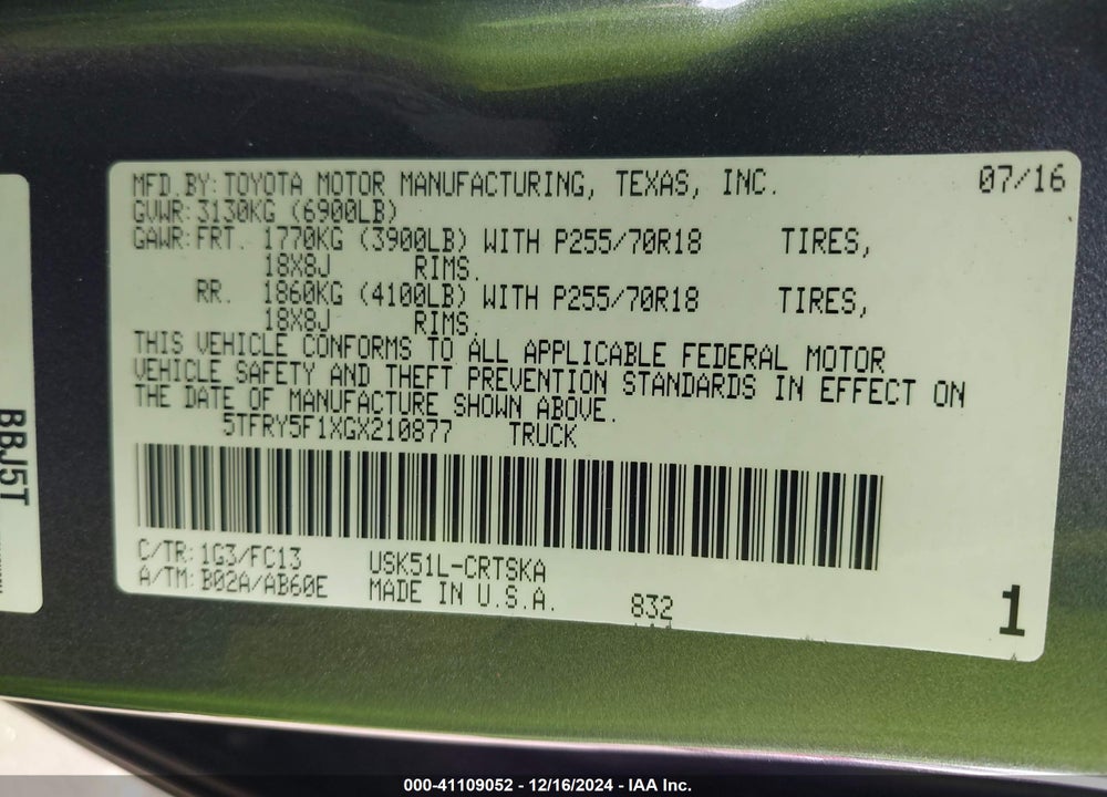 2016 TOYOTA TUNDRA SR5 5.7L V8 VIN: 5TFRY5F1XGX210877