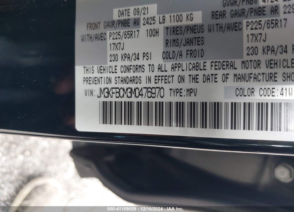 2021 MAZDA CX-5 TOURING VIN: JM3KFBCM3M0476970