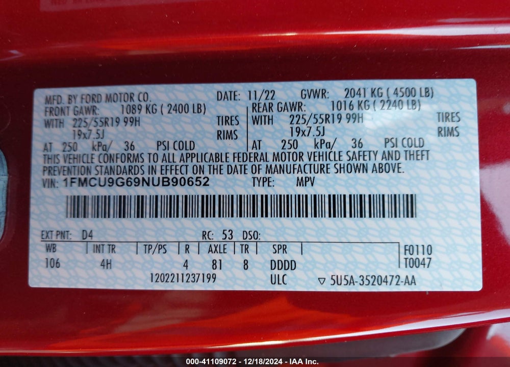 2022 FORD ESCAPE SE VIN: 1FMCU9G69NUB90652