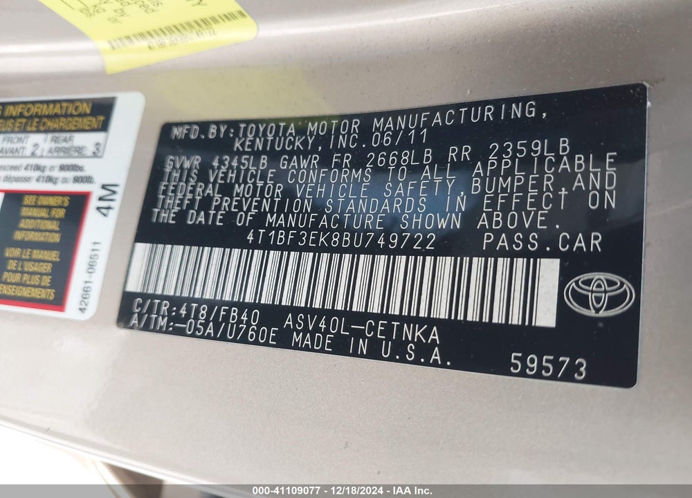 2011 TOYOTA CAMRY LE VIN: 4T1BF3EK8BU749722