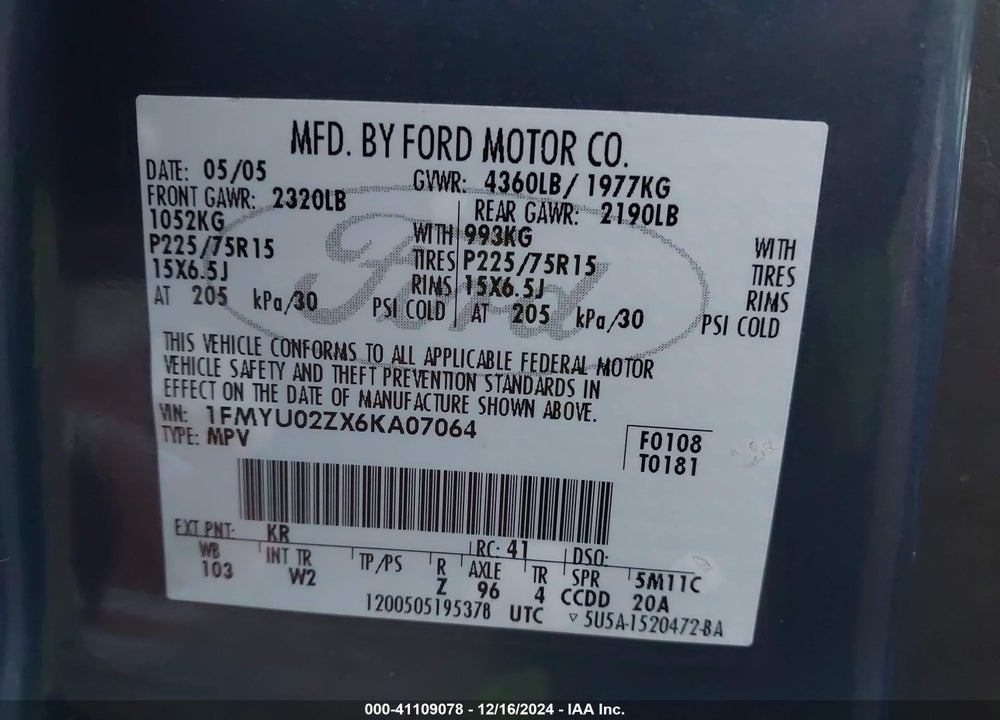 2006 FORD ESCAPE XLS/XLS MANUAL VIN: 1FMYU02ZX6KA07064