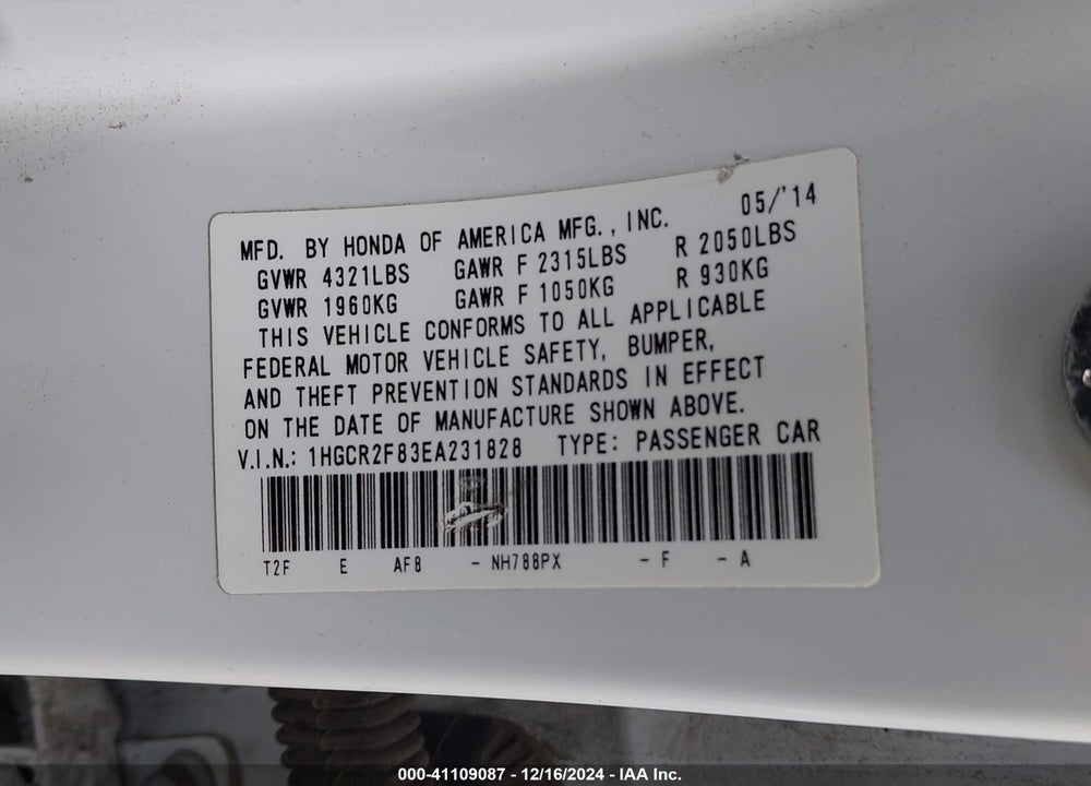 2014 HONDA ACCORD EX-L VIN: 1HGCR2F83EA231828