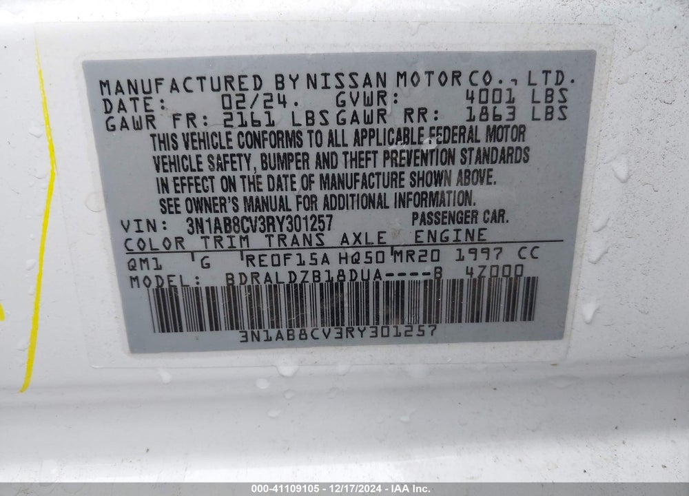 2024 NISSAN SENTRA SV XTRONIC CVT VIN: 3N1AB8CV3RY301257