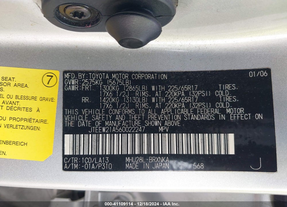 2006 TOYOTA HIGHLANDER HYBRID LIMITED V6 VIN: JTEEW21A560022247