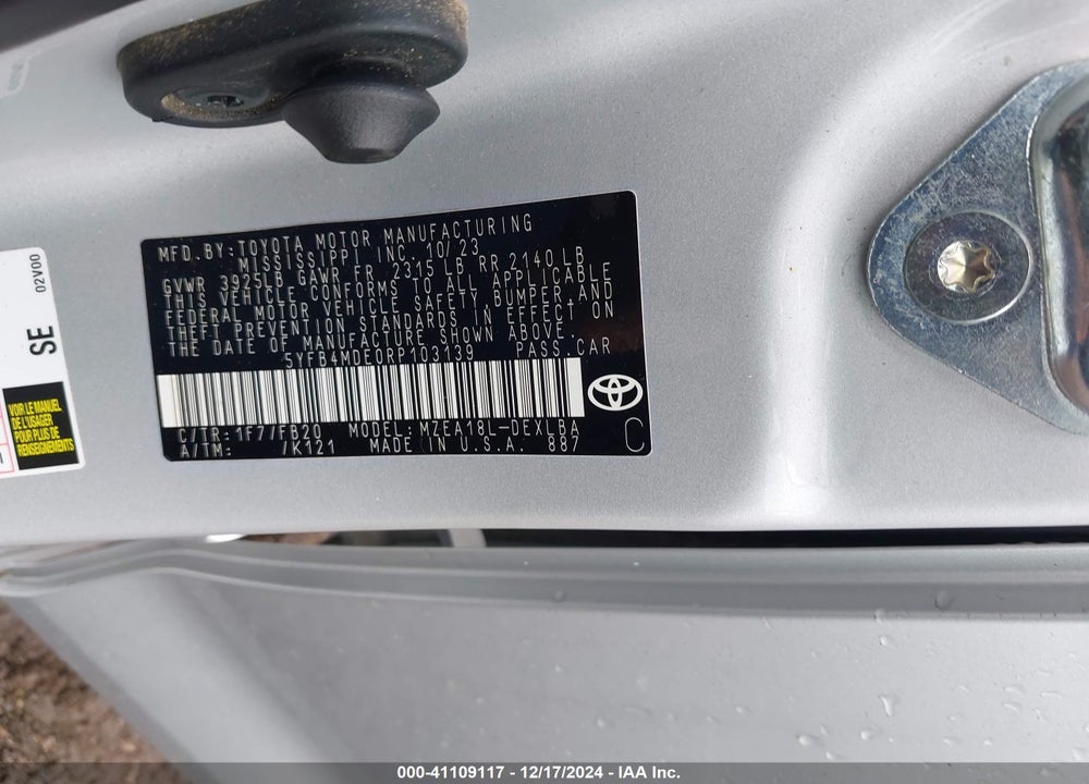 2024 TOYOTA COROLLA LE VIN: 5YFB4MDE0RP103139