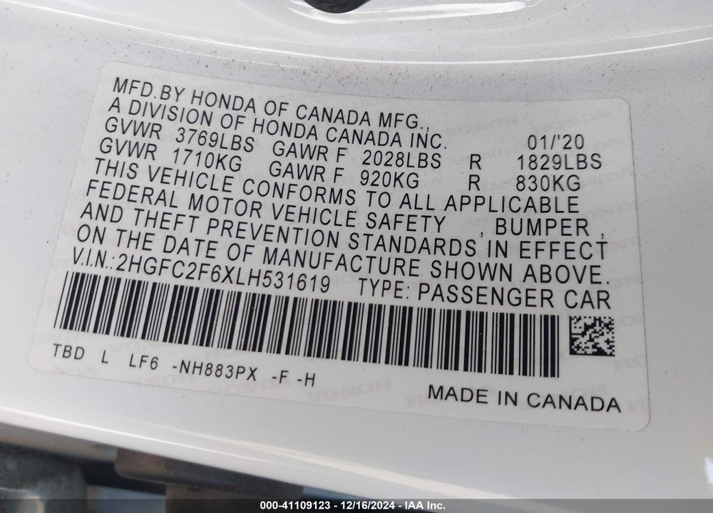 2020 HONDA CIVIC LX VIN: 2HGFC2F6XLH531619