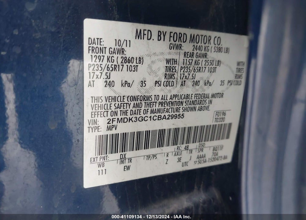 2012 FORD EDGE SE VIN: 2FMDK3GC1CBA29955