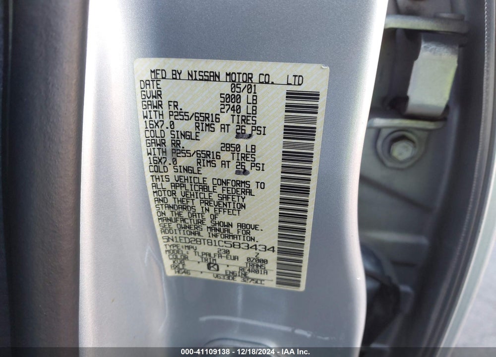2001 NISSAN XTERRA SE VIN: 5N1ED28T81C583434