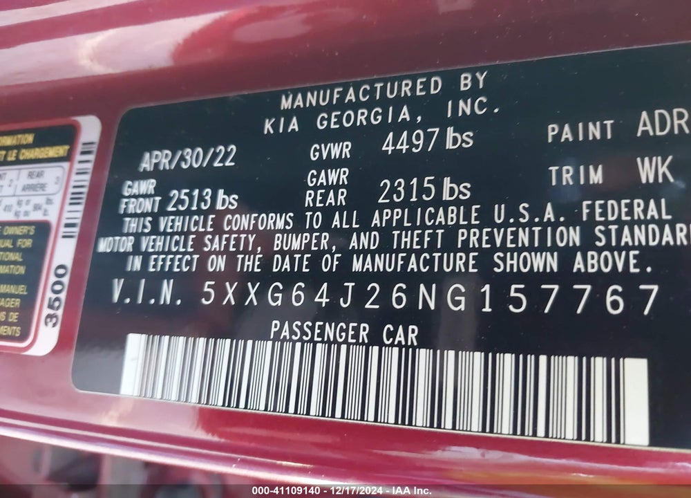 2022 KIA K5 VIN: 5XXG64J26NG157767