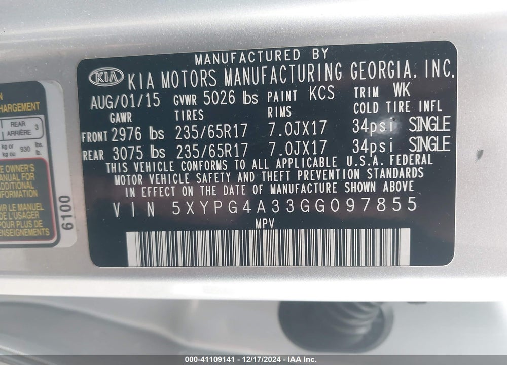 2016 KIA SORENTO 2.4L LX VIN: 5XYPG4A33GG097855