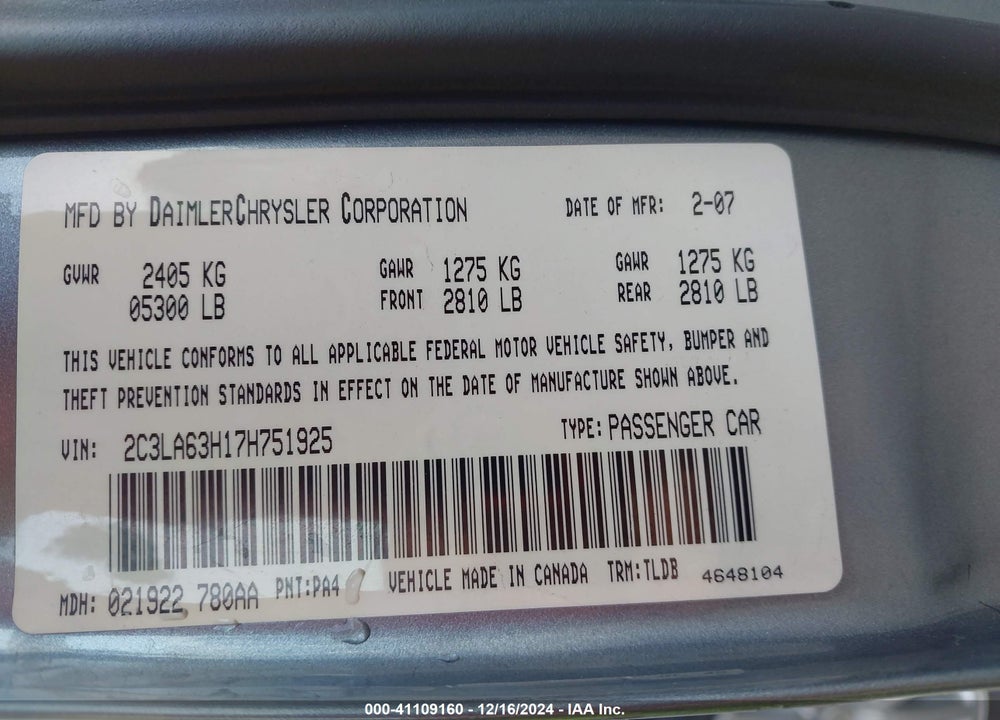2007 CHRYSLER 300C VIN: 2C3LA63H17H751925