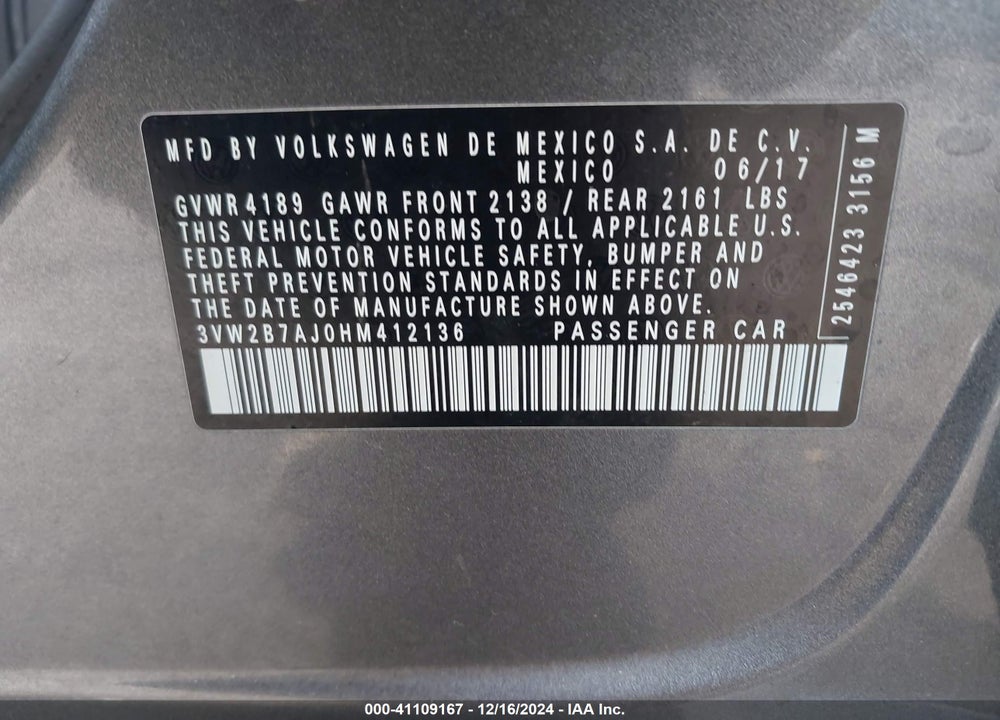 2017 VOLKSWAGEN JETTA VIN: 3VW2B7AJ0HM412136