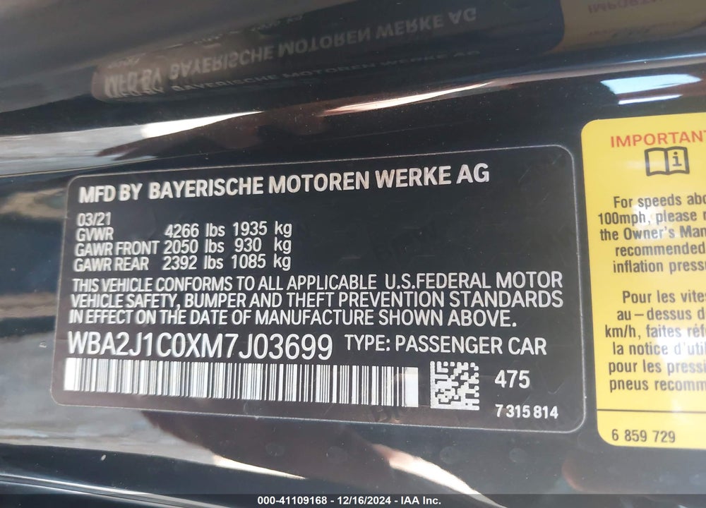 2021 BMW 230I VIN: WBA2J1C0XM7J03699