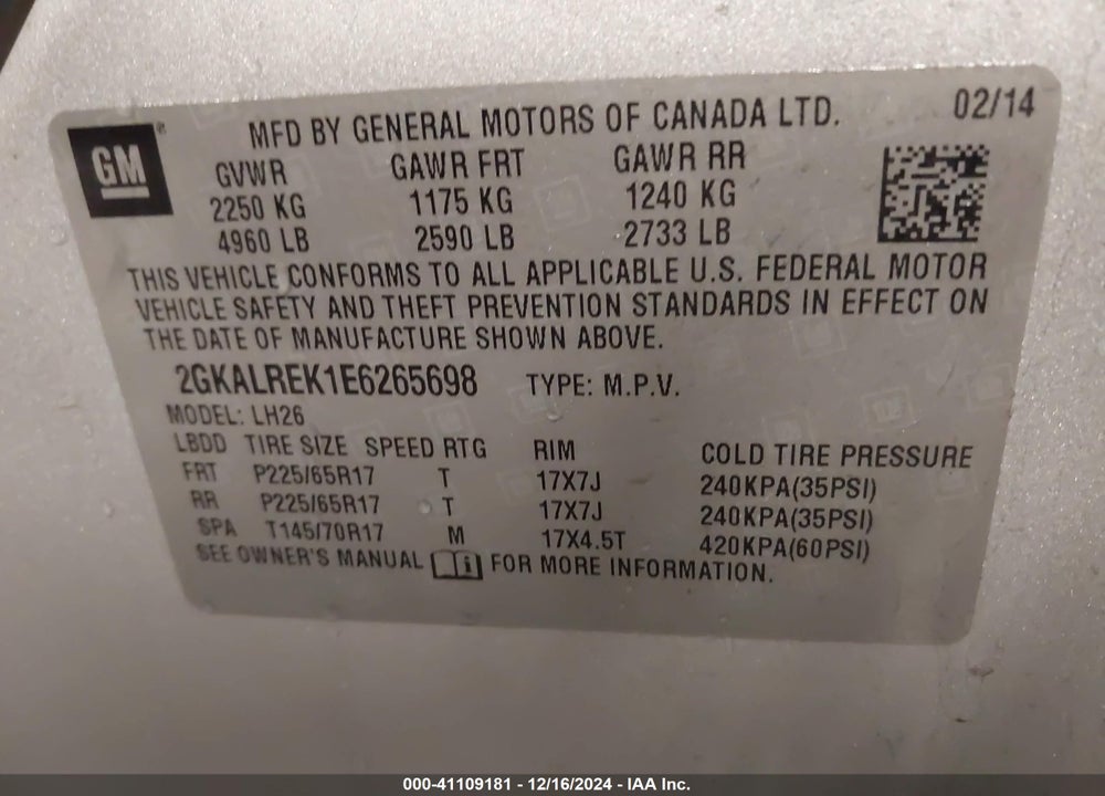 2014 GMC TERRAIN SLE-2 VIN: 2GKALREK1E6265698