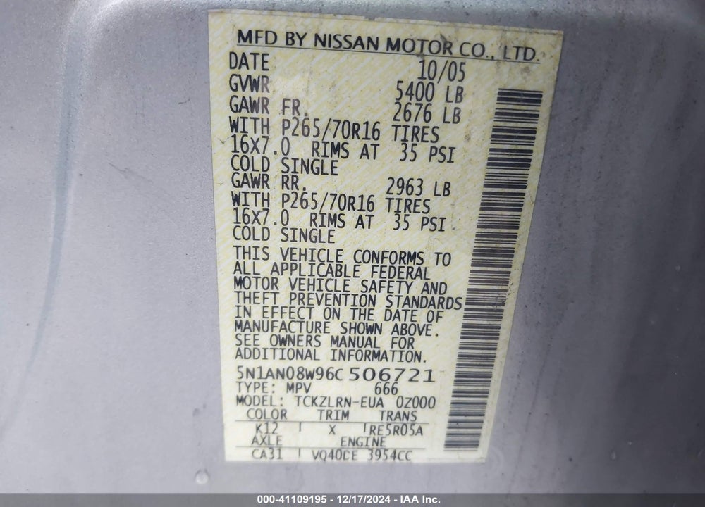 2006 NISSAN XTERRA S VIN: 5N1AN08W96C506721