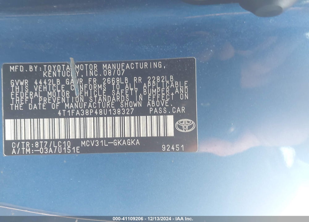2008 TOYOTA CAMRY SOLARA SLE VIN: 4T1FA38P48U138327