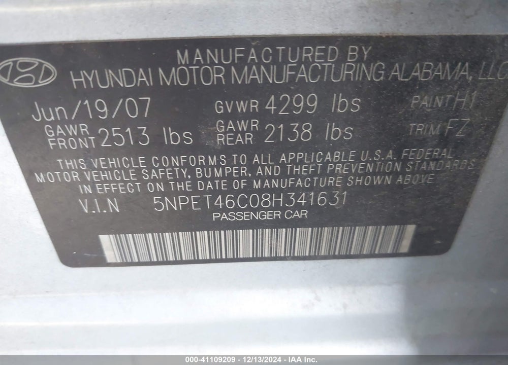 2008 HYUNDAI SONATA GLS VIN: 5NPET46C08H341631