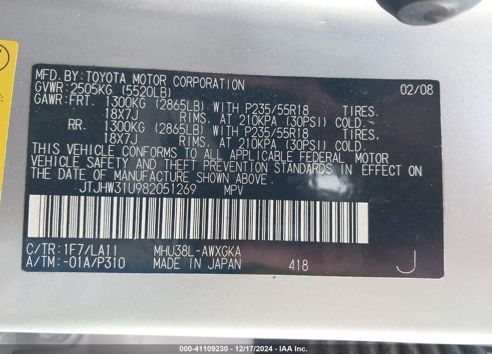 2008 LEXUS RX 400H VIN: JTJHW31U982051269