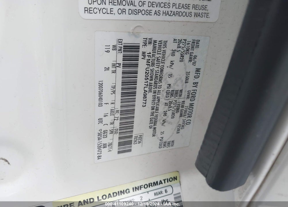 2007 FORD EXPEDITION LIMITED VIN: 1FMFU20517LA98773