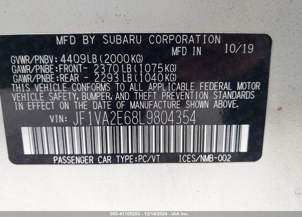2020 SUBARU WRX STI VIN: JF1VA2E68L9804354