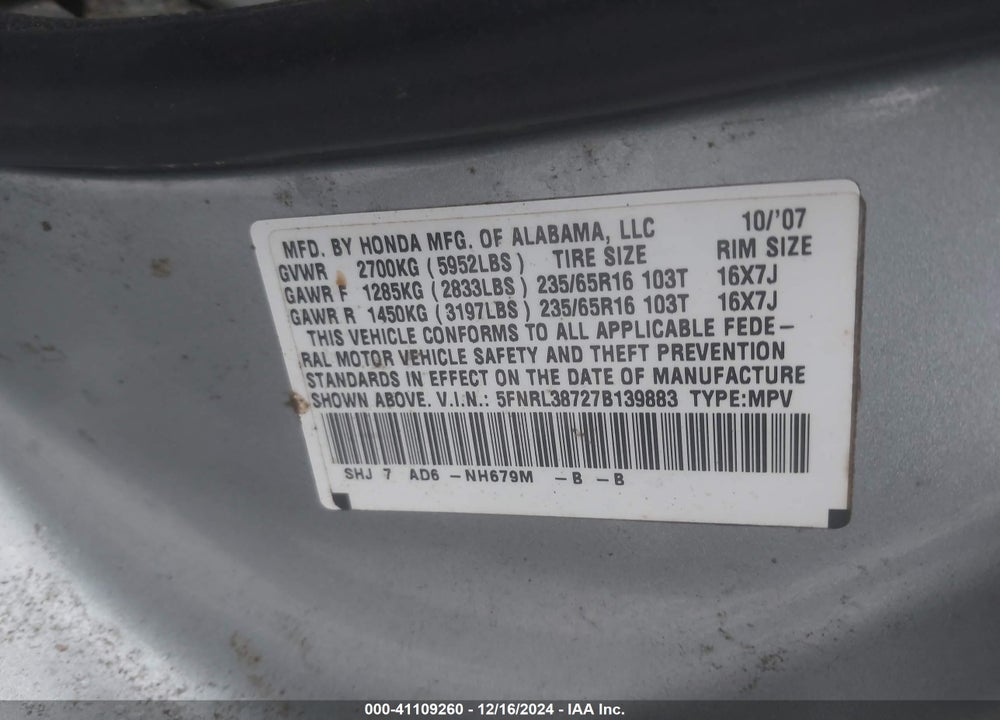 2007 HONDA ODYSSEY EX-L VIN: 5FNRL38727B139883