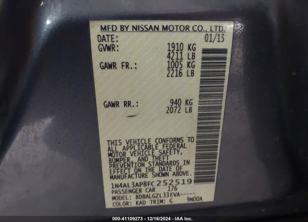 2015 NISSAN ALTIMA 2.5/2.5 S/2.5 SL/2.5 SV VIN: 1N4AL3AP8FC252519
