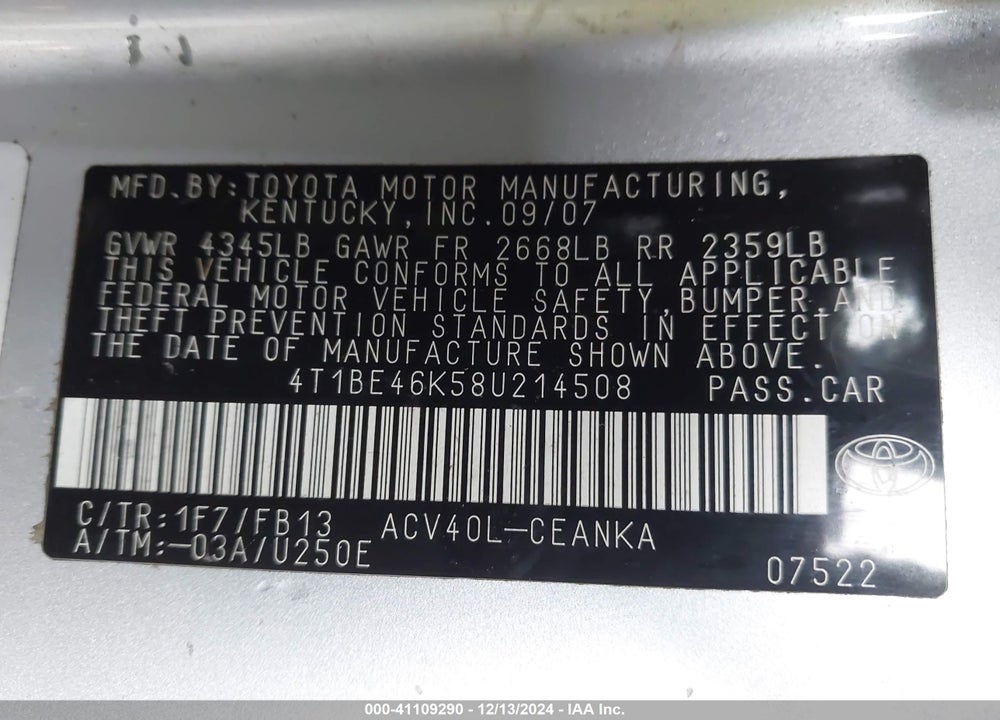 2008 TOYOTA CAMRY VIN: 4T1BE46K58U214508