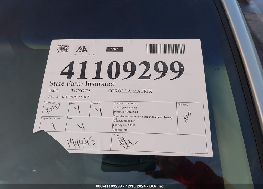 2005 TOYOTA MATRIX/XR VIN: 2T1KR30E95C552038