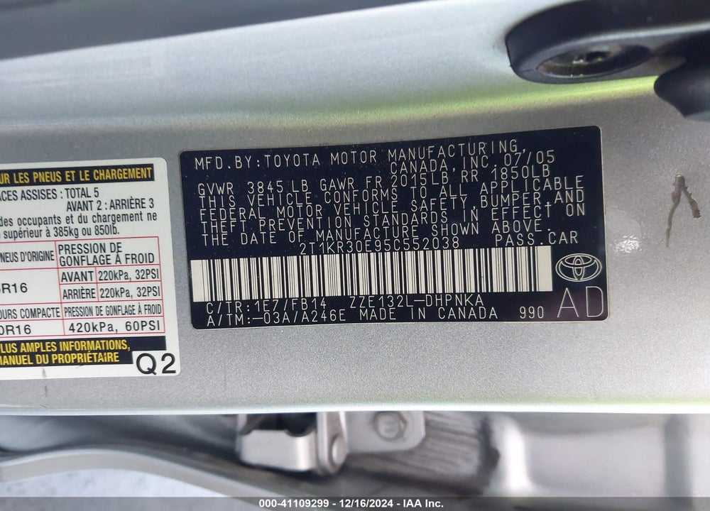 2005 TOYOTA MATRIX/XR VIN: 2T1KR30E95C552038