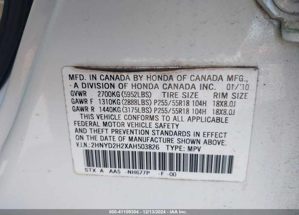 2010 ACURA MDX VIN: 2HNYD2H2XAH503826