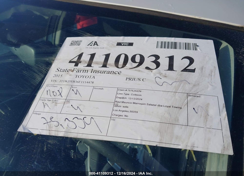 2015 TOYOTA PRIUS C VIN: JTDKDTB36F1114478