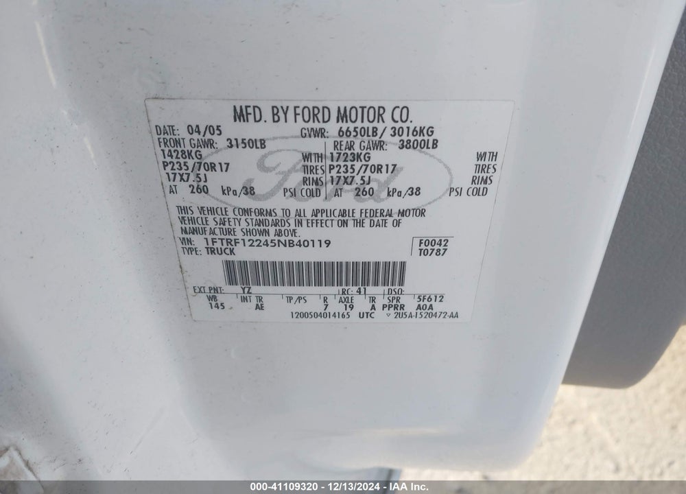 2005 FORD F-150 STX/XL/XLT VIN: 1FTRF12245NB40119