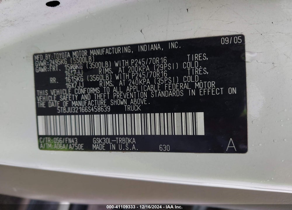 2006 TOYOTA TUNDRA VIN: 5TBJU32166S458639