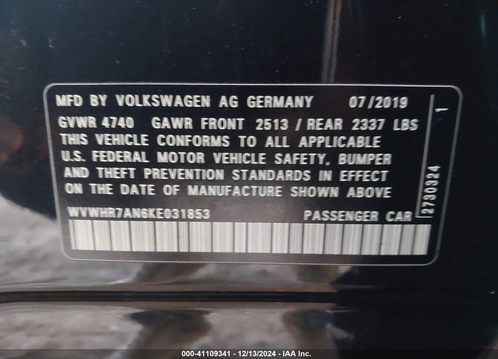 2019 VOLKSWAGEN ARTEON VIN: WVWHR7AN6KE031853