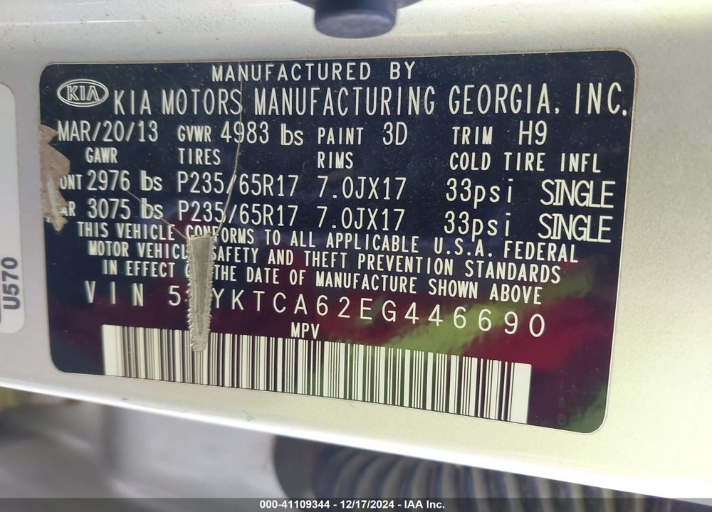 2014 KIA SORENTO LX VIN: 5XYKTCA62EG446690