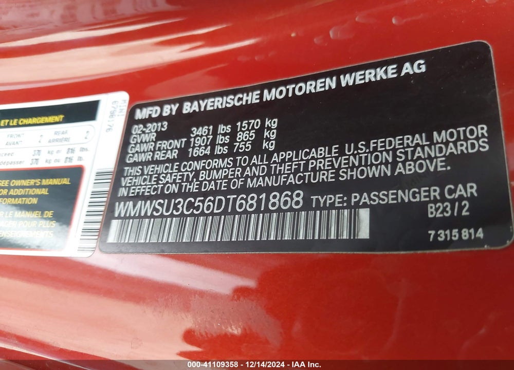 2013 MINI HARDTOP COOPER VIN: WMWSU3C56DT681868