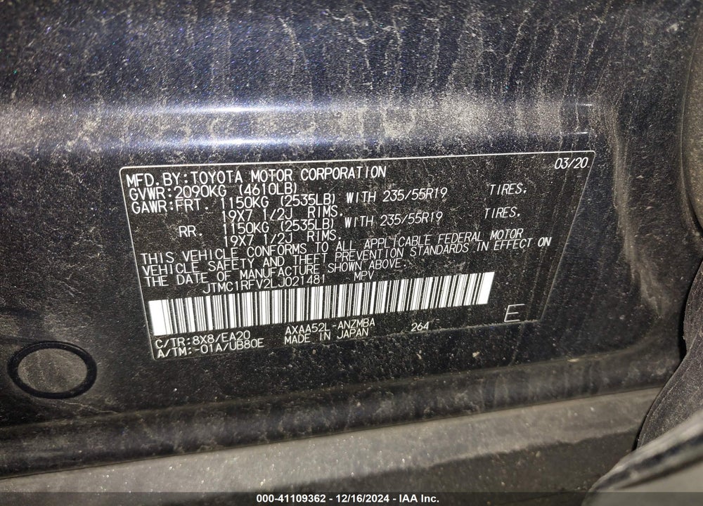 2020 TOYOTA RAV4 XLE PREMIUM VIN: JTMC1RFV2LJ021481