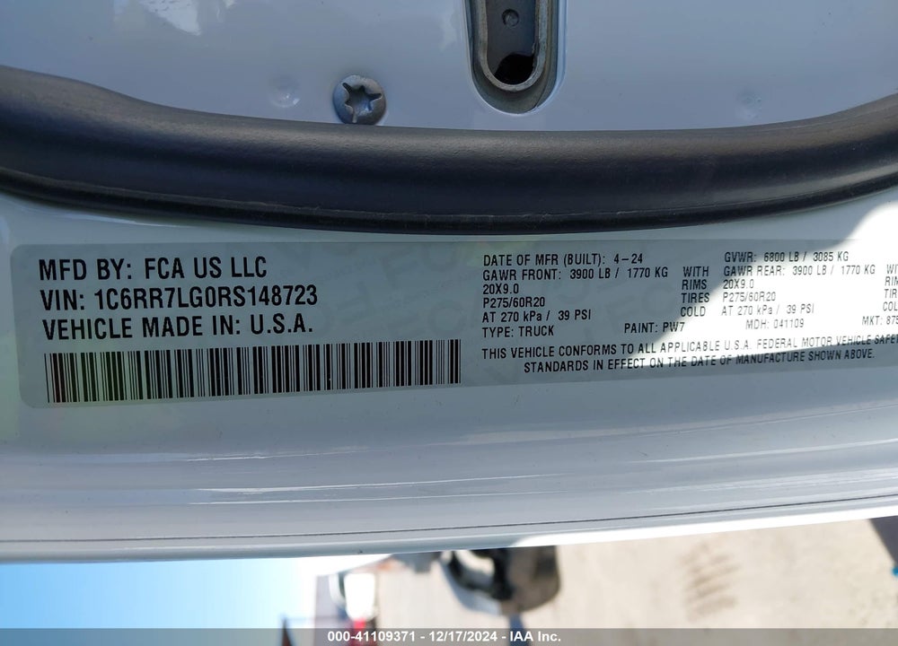 2024 RAM 1500 CLASSIC VIN: 1C6RR7LG0RS148723