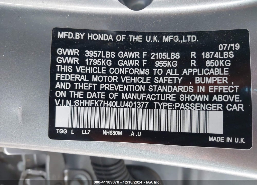 2020 HONDA CIVIC SPORT VIN: SHHFK7H40LU401377