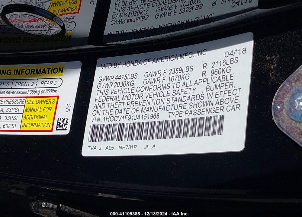 2018 HONDA ACCORD TOURING VIN: 1HGCV1F91JA151968