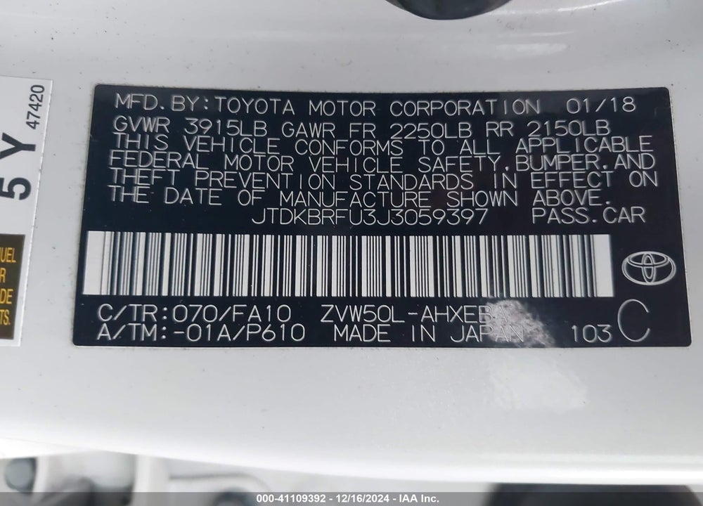 2018 TOYOTA PRIUS TWO VIN: JTDKBRFU3J3059397