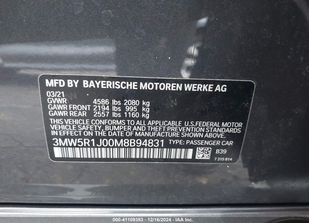 2021 BMW 330I VIN: 3MW5R1J00M8B94831