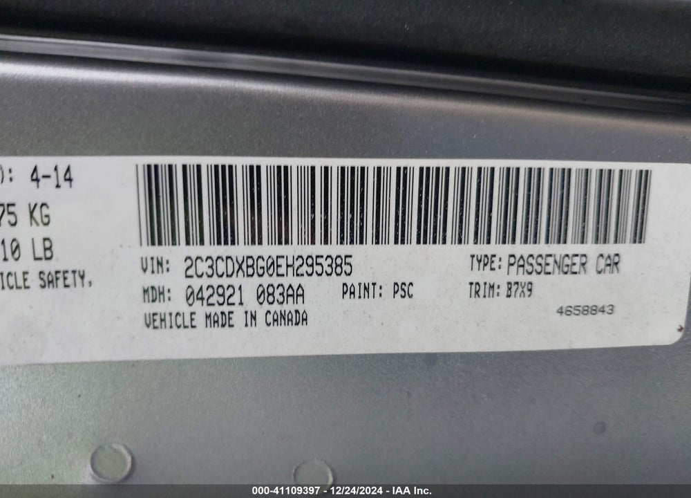 2014 DODGE CHARGER SE VIN: 2C3CDXBG0EH295385
