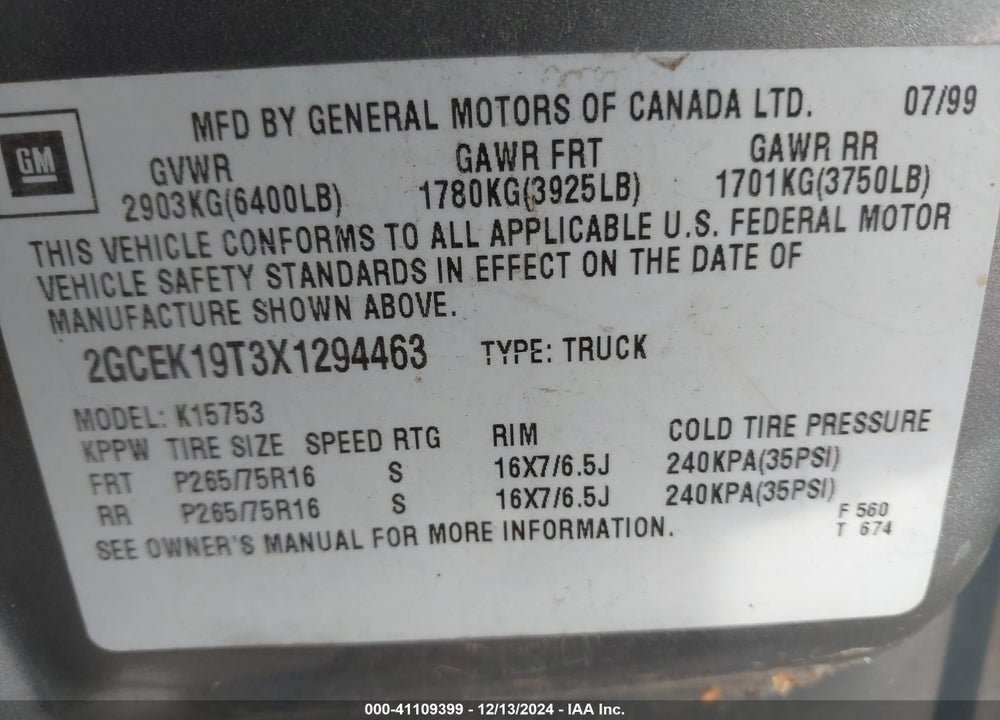 1999 CHEVROLET SILVERADO 1500 LS VIN: 2GCEK19T3X1294463