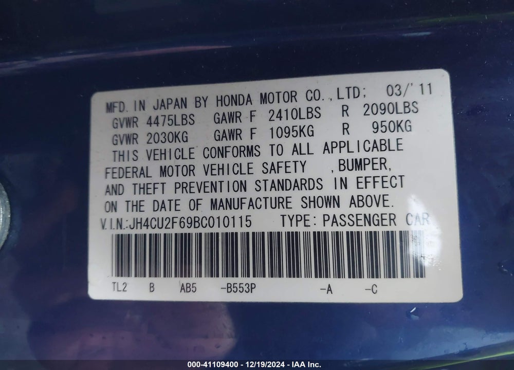 2011 ACURA TSX VIN: JH4CU2F69BC010115