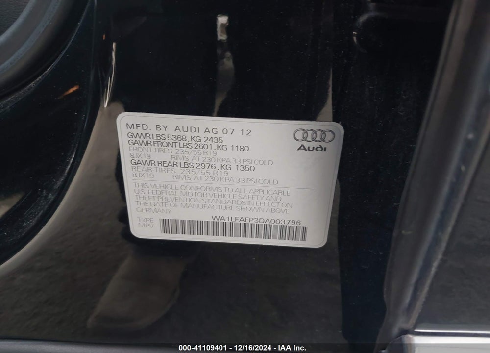 2013 AUDI Q5 2.0T PREMIUM VIN: WA1LFAFP3DA003796