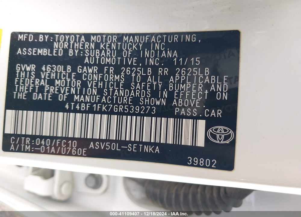 2016 TOYOTA CAMRY LE VIN: 4T4BF1FK7GR539273