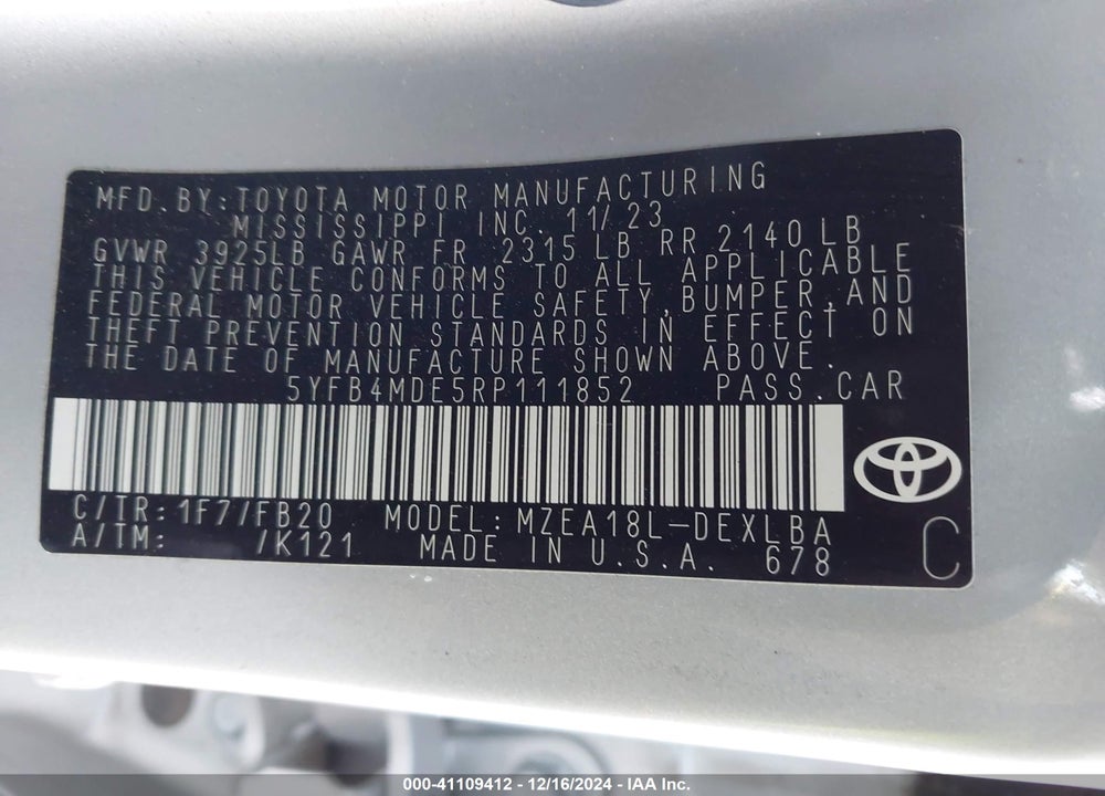 2024 TOYOTA COROLLA LE VIN: 5YFB4MDE5RP111852