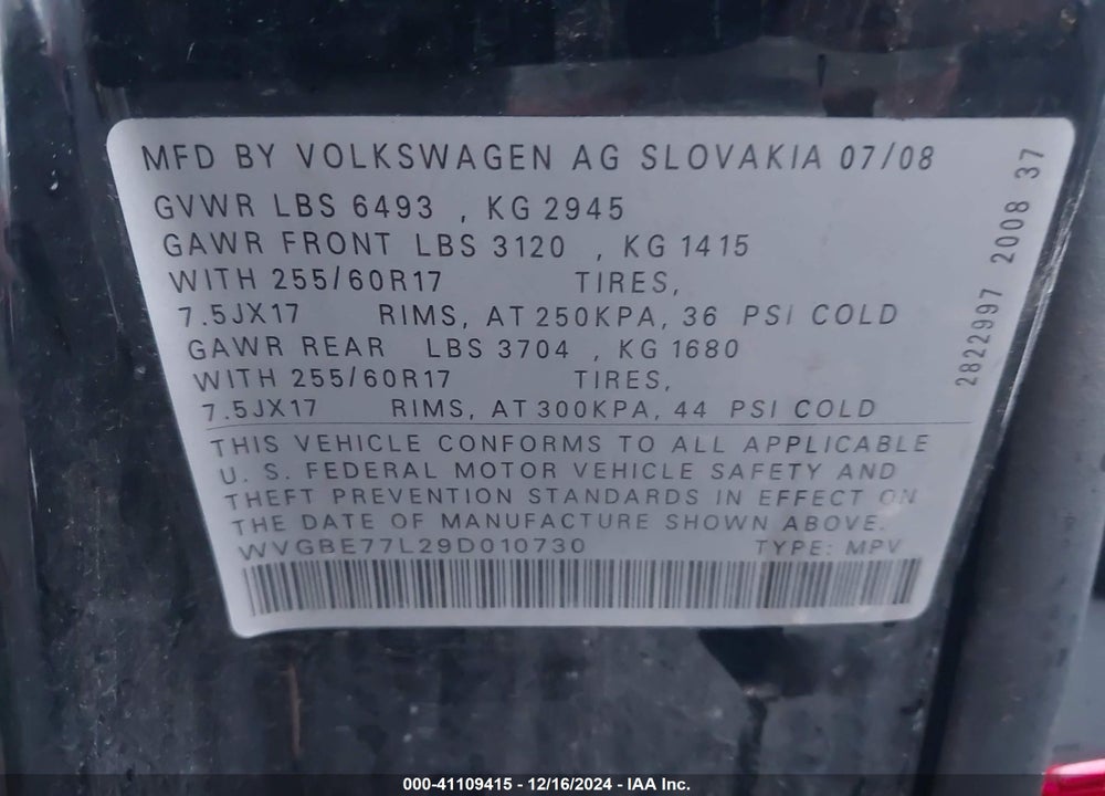2009 VOLKSWAGEN TOUAREG 2 VR6 FSI VIN: WVGBE77L29D010730