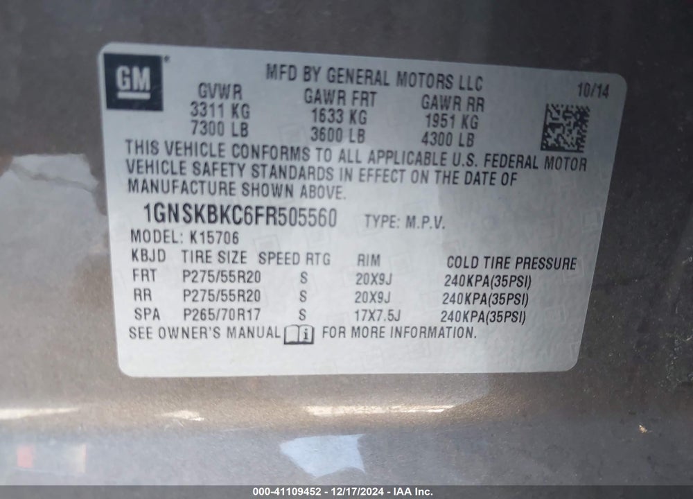 2015 CHEVROLET TAHOE LT VIN: 1GNSKBKC6FR505560